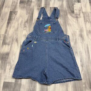 ✅Womens XL VTG Disney Winnie The Pooh Piglet Denim Bib Short Overall Embroidered